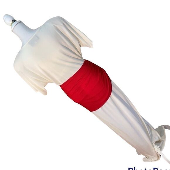 Jackie Rogers Grecian Style Cream maxi Dress, red waist band, neck tie, Medium - Picture 7 of 13